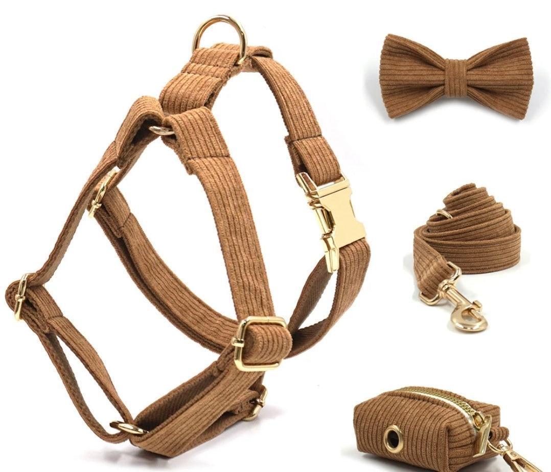 Luxury Brown Corduroy Dog Harness and Leash Set - Designer Collar with Poop Bag Holder for Small and Large Dogs